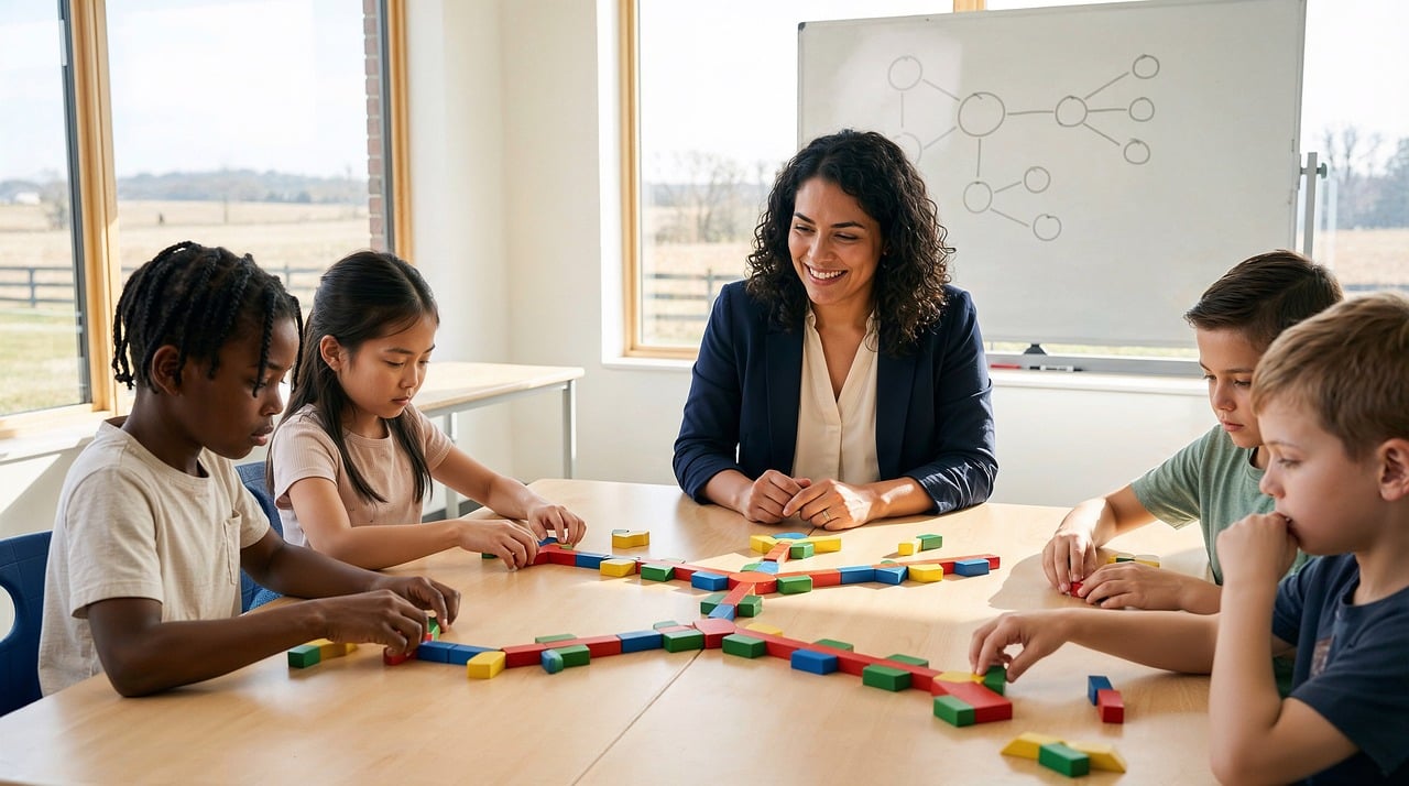 Students and a teacher working with colorful math manipulatives around a classroom table